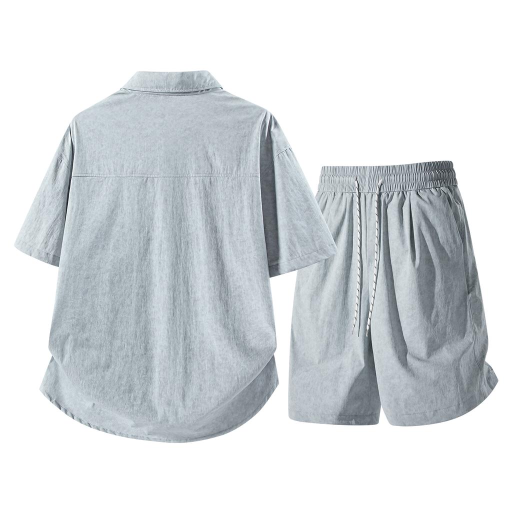 Summer Solid Color Basic Versatile Ice Silk Set Men's Shirt Short Sleeved Set Men's Two-piece Set