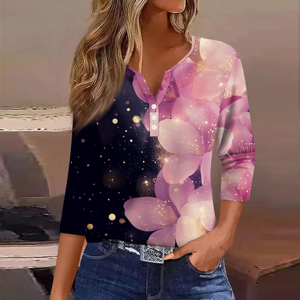 Damen-T-Shirt, T-Shirt, bedruckt, Knopfleiste, 3/4-Ärmel, tägliches Wochenende, modisch, Basic, V-Ausschnitt, normales Oberteil