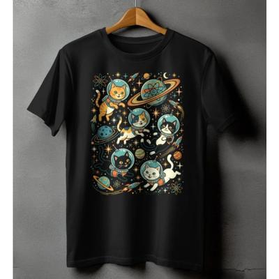 Lustiges Weltraumkatzen Astronauten T-Shirt Retro Katze Galaxie Design Vielseitiges Kurzarm-T-Shirt Kawaii Lässiges Oberteil für DamenMädchen Unisex