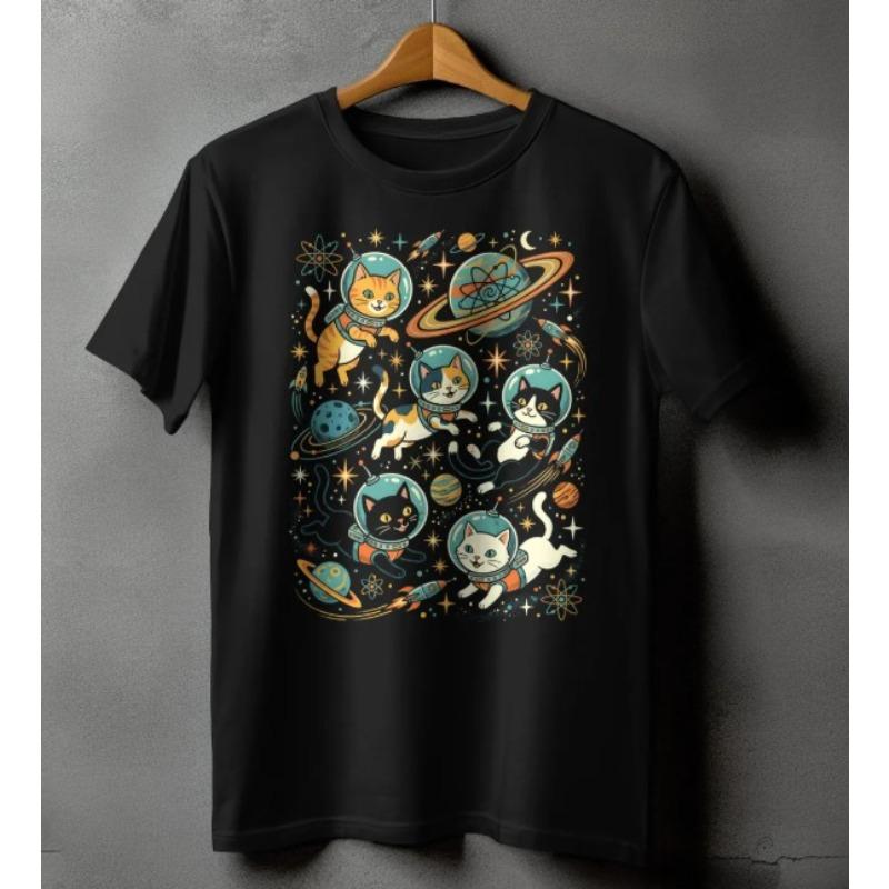Funny Space Cats Astronaut T Shirt Retro Cat Galaxy Design Versatile Shortsleeved Tee Kawaii Casual Top for WomenGirls Unisex