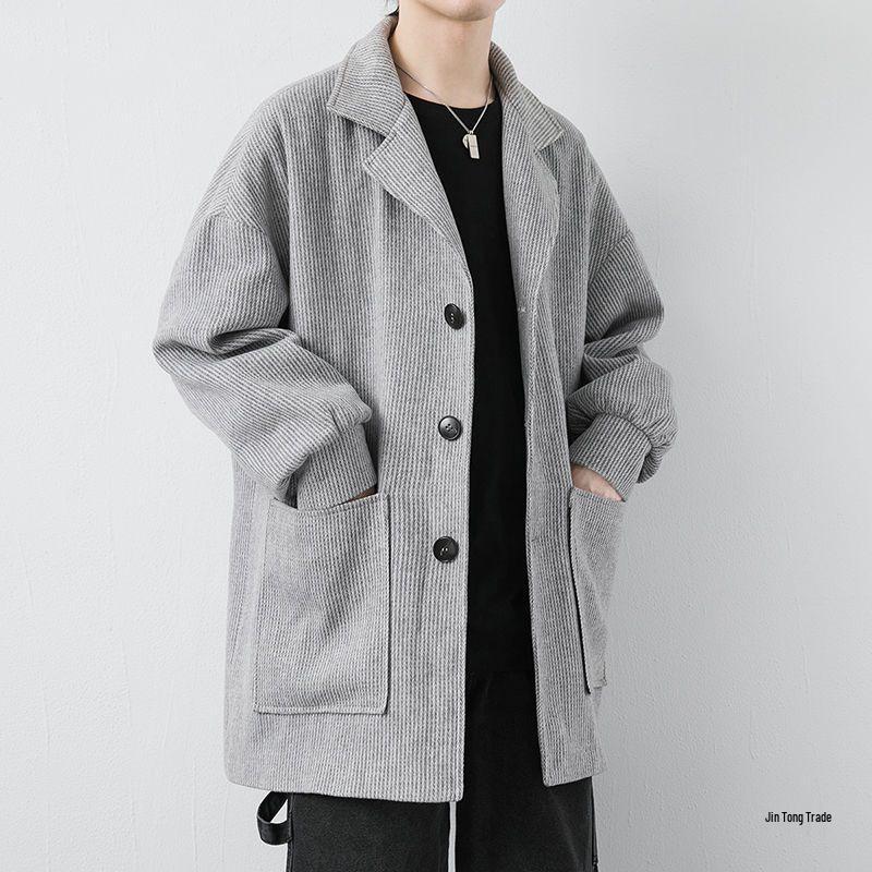 Men's Corduroy Wool Coat - Mid-Length, Loose Fit, Spring/Autumn, Hong Kong & Korean Style