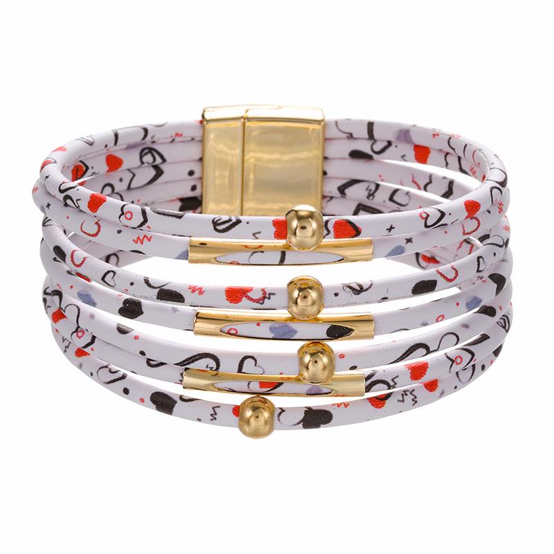 Leopard Print Magnetic Buckle Leather Bracelet: Alloy Beaded Cord with Copper Tube