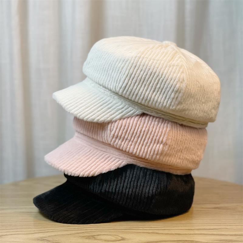 Corduroy Autumn and Winter Hat Female Octagonal Hat Beret Female Britain Sweet and Cute