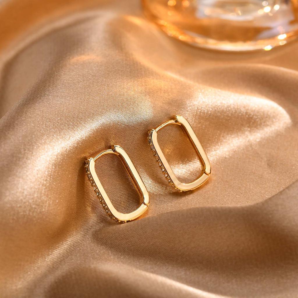 Women Trendy Gold Plated Copper Cubic Zirconia Row Huggies, Chic Rectangle Geometric CZ Stone Hoop Earrings