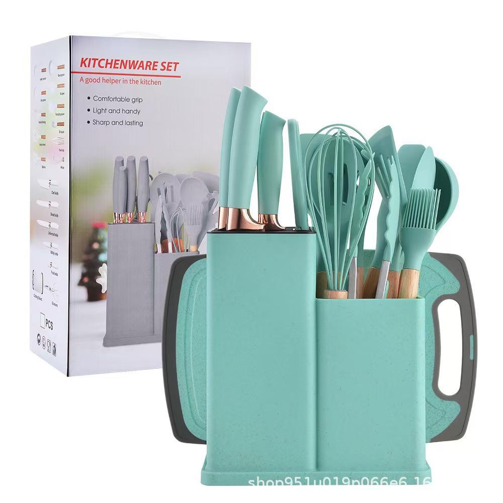 19-Piece Non-Stick Kitchenware Set: Silicone Spatula & Spoon with Wooden Handles + Knife Set In Stock