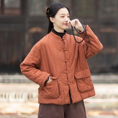 Women Vintage Warm Stand Long Sleeve Coats Solid Color Button Winter Pockets Coats