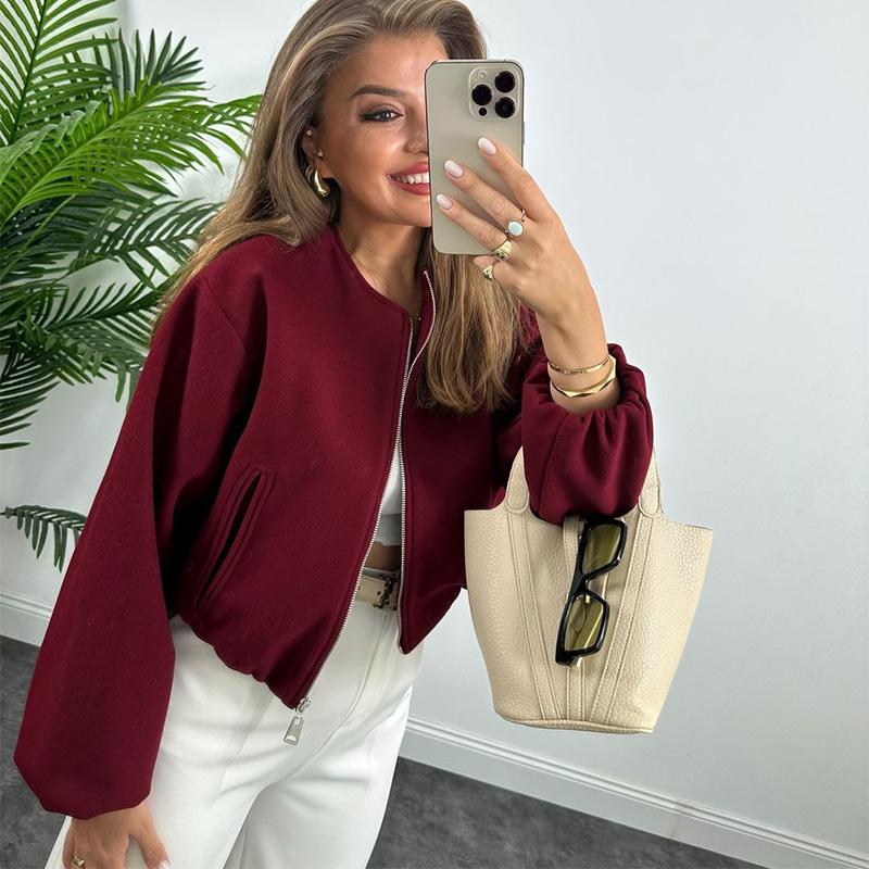 Cappotto di Lana Tinta Unita con Zip Moda Donna Manica Lunga Girocollo Giacca Bomber da Donna Autunno Caldo Tasca Capospalla Corto Chic da Strada Femminile