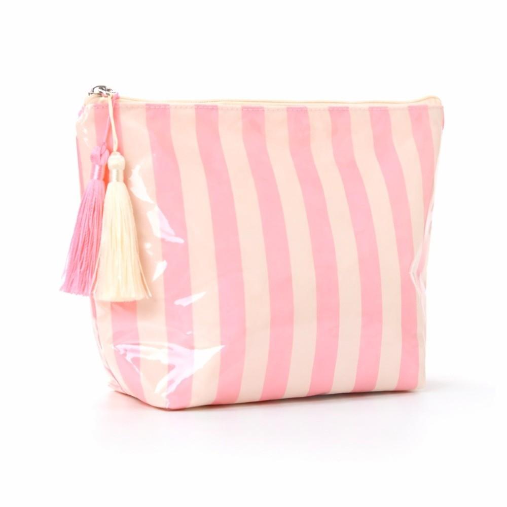 Large Capacity PVC Striped Cosmetic Bag Cute Design Makeup Brush Bag  Gym Pink Beige