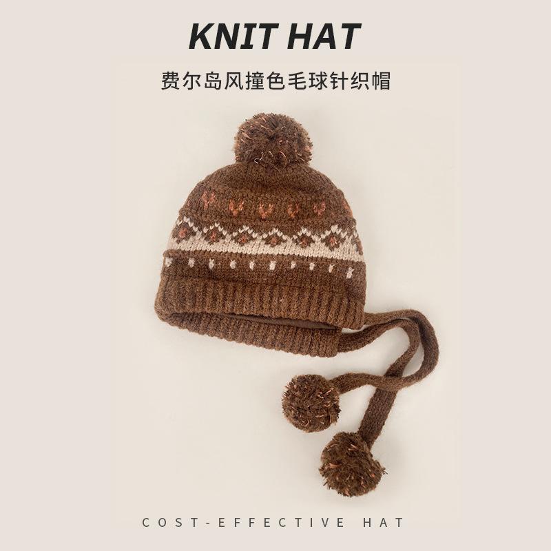 Vintage Fair Island Hat Women'S Windproof And Cold-Proof Wool Hat Warm Ear Protector Lei Feng Hat Show Face Small Knitted Hat