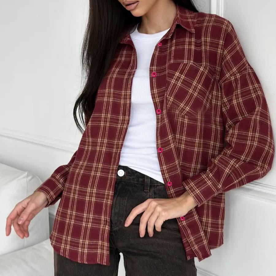 Women's Long Sleeve Shirt Retro Versatile Plaid Pocket Casual Shirt