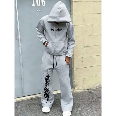 Modisches Herren Herbst Winter Sportshirt 2-teiliges Set mit klassischem Buchstabenmuster-Print, Trendiges Hoodie und Weite Hosen Set