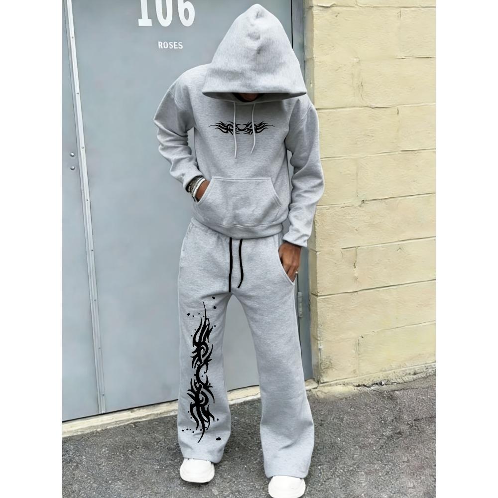 Fashion Men's Autumn Winter Sports Shirt 2 Piece Set with Classic Letter Pattern Print, Trendy Hoodie and Wide Leg Pants Set