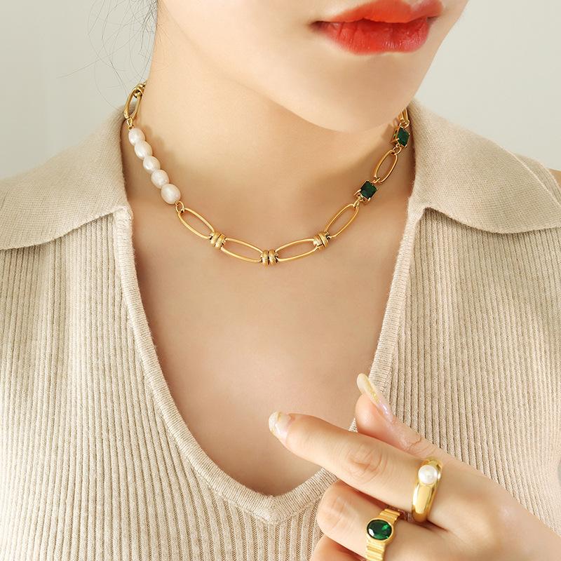 Gentle Temperament Retro Style Emerald Zircon Freshwater Pearl Splicing Necklace Niche Personality Bracelet Jewelry Set