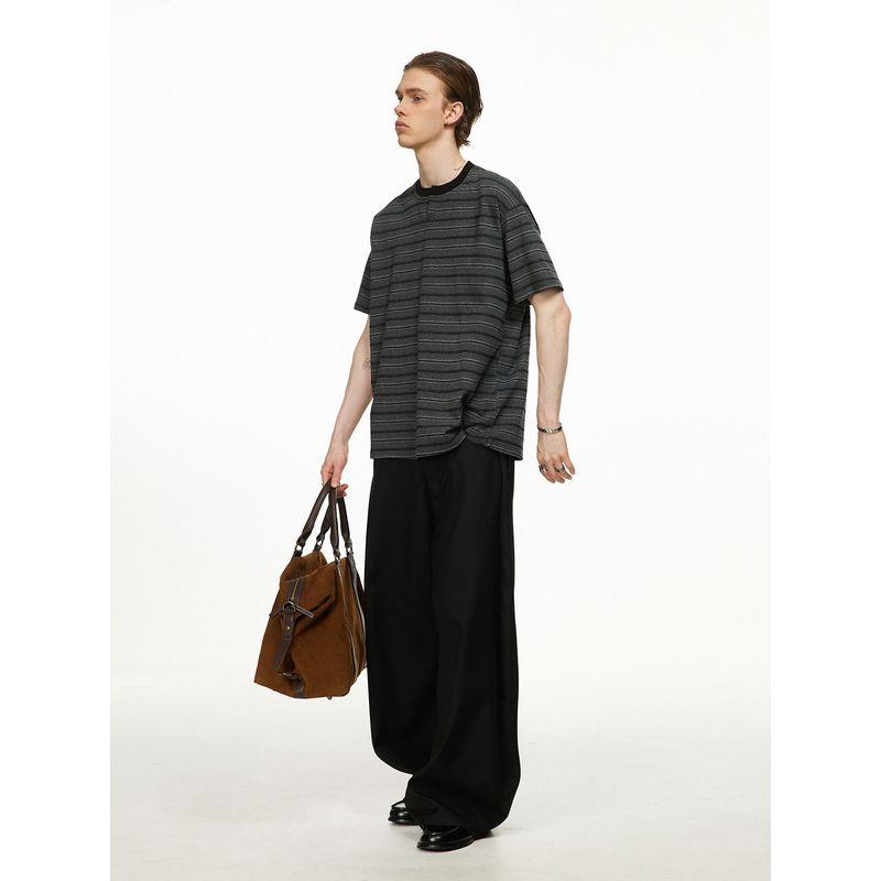 Men's American Retro Striped Henley Collar Short-Sleeve T-Shirt, New Summer Style, Loose Casual Pure Cotton Regular Shoulder T-Shirt