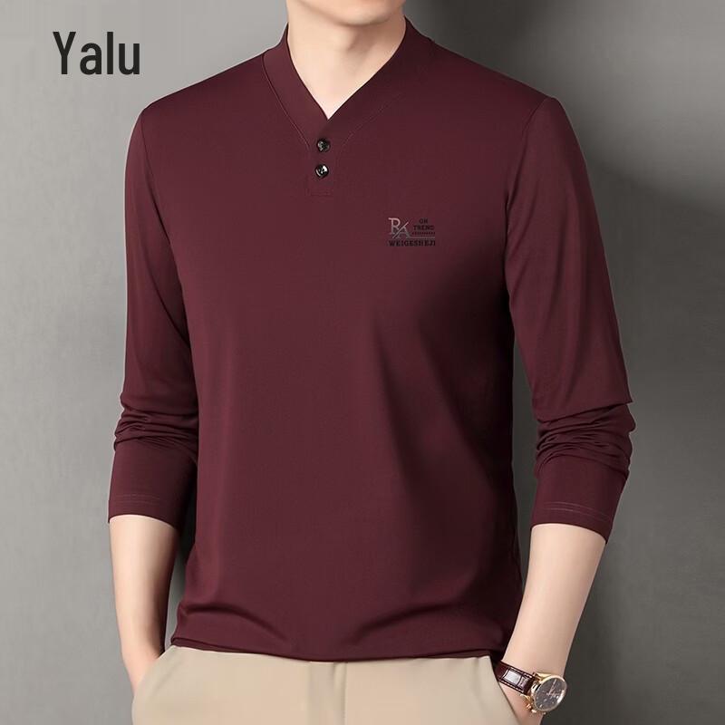 Yalu Men's Casual V-Neck Solid Color Long-Sleeve T-Shirt