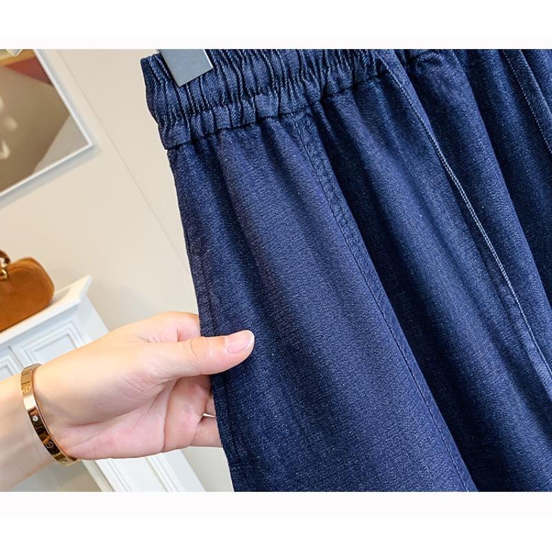 DIMANAF 2026 Summer Plus Size Women Skirts Elastic Waist Loose Denim Blue Oversize Casual Lady Long Skirts Cotton Solid