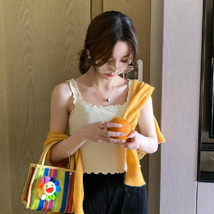 Fashionable Foreign Base Layer Vest Women's Fungus Side Suspender Knitted Base Layer Solid Color Niche Design Sense Crop Top