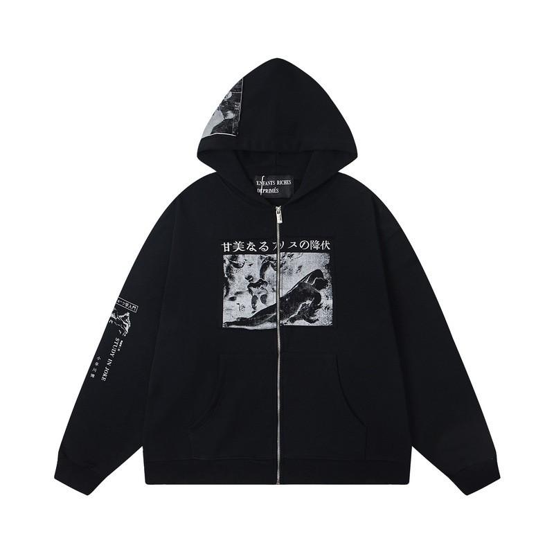 Erkek Geniş Kesim Pamuklu Kapüşonlu Fermuarlı Sweatshirt Sokak Giyim Günlük Harf Baskılı Uzun Kollu Tişört
