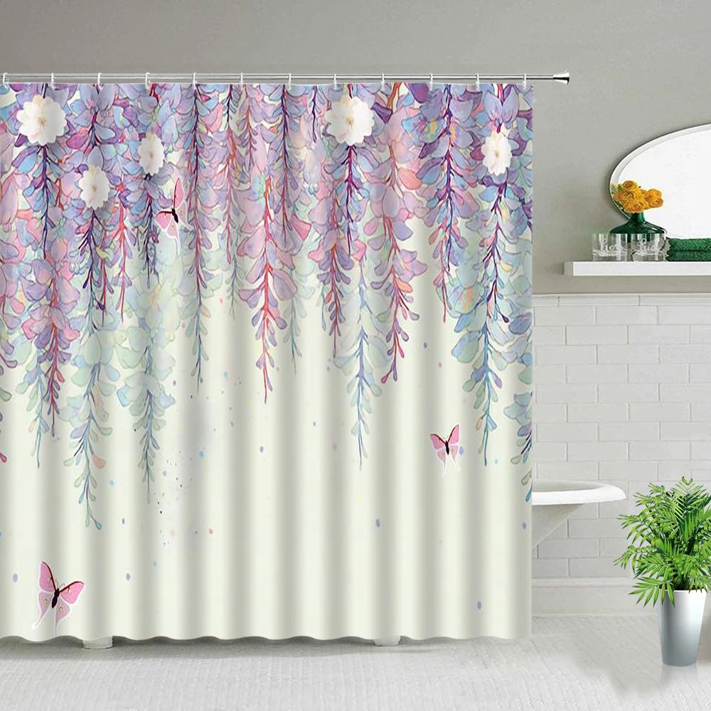 Flowers Plant Shower Curtains Beautiful Flower Purple Bathroom Decor Bathroom Screen Polyester Frabic Waterproof Cloth Curtains
