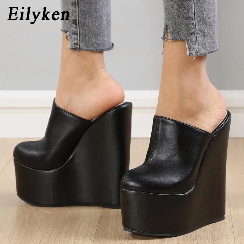 Fashion Eilyken 2025 New Arrival Platform Wedge Round Head Pumps Slippers Summer Woman Sexy Super High Sandal Shoes Black 35-42