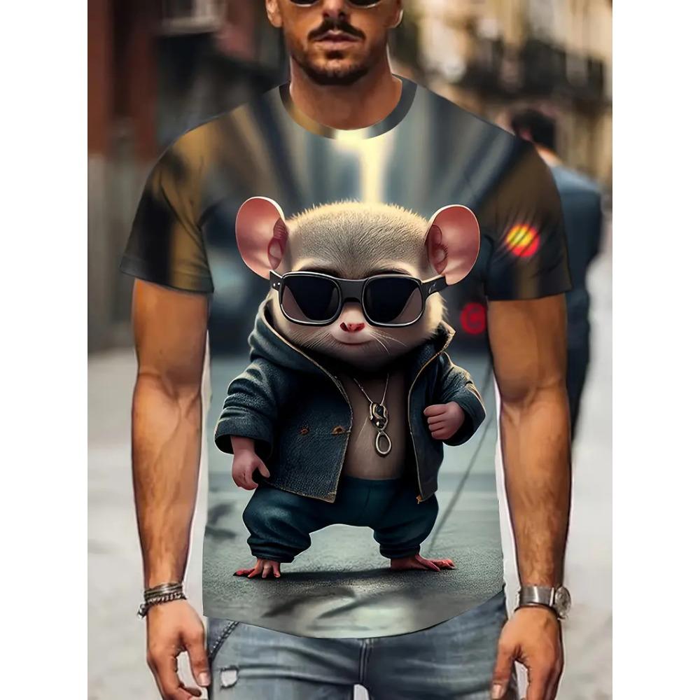 Men's 3D Animal Mouse Printed T-shirt Summer Fashion Casual Outdoor Sports Fitness Round Neck Short Sleeved Men's Shirt Clothing