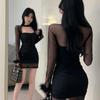 Mesh Hollowed-out Collarbone Dress for Women's Autumn and Winter Advanced Sense Fluffy Splicing Sexy Slim-fitting Hip-wrapped Short Skirt Tide