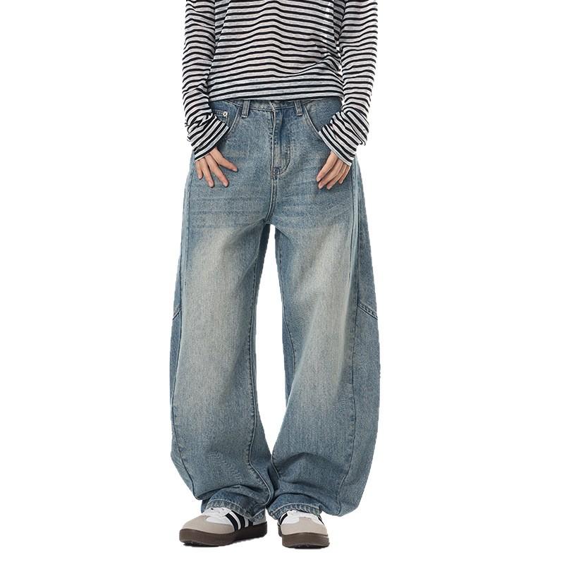 Autumn New American Bamboo-stitch Scimitar-style Jeans for Men and Women Couples Versatile Wide-leg Pants