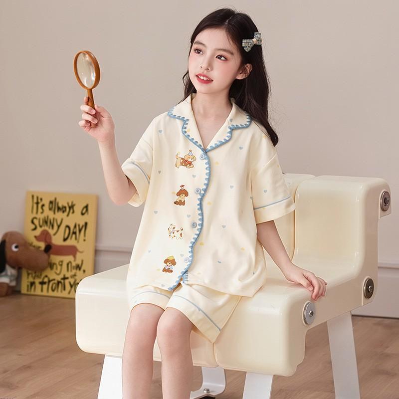 Cute Cartoon Cotton Pajama Set Girls 2026 Short Sleeve Sleepwear Kids 8 Years Lightweight Home Outfit