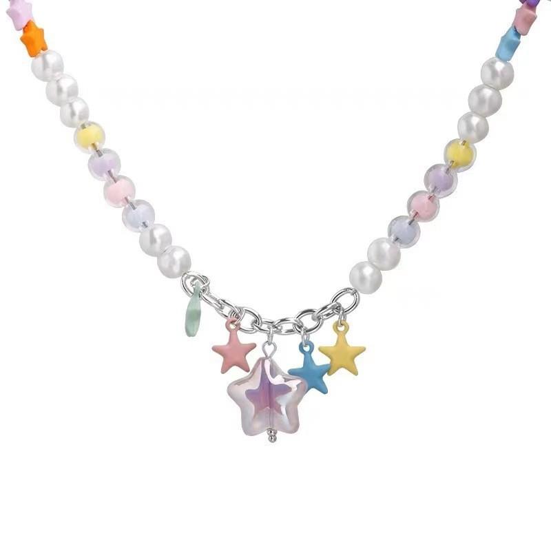 Dopamine Color Beaded Pentagram Star Pendant Necklace Female Personality Versatile Temperament Clavicle Chain Sweet Cool Wind Bracelet