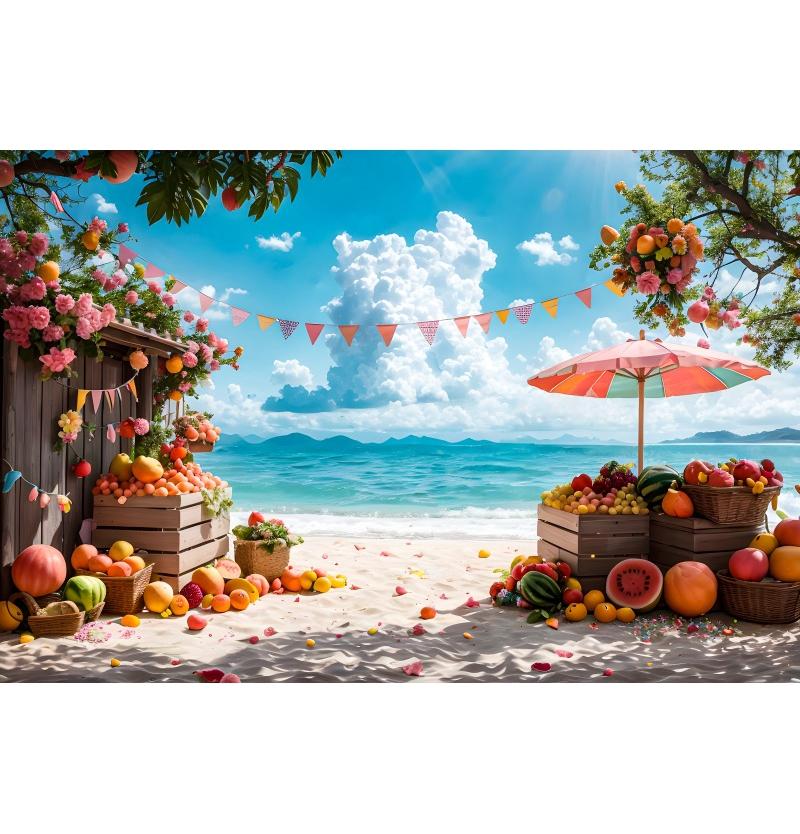 Summer Seaside Party Backdrops For Photography Tent Fruits Beach Palm Trees Holiday Camping Party Background Decor Photo Studio