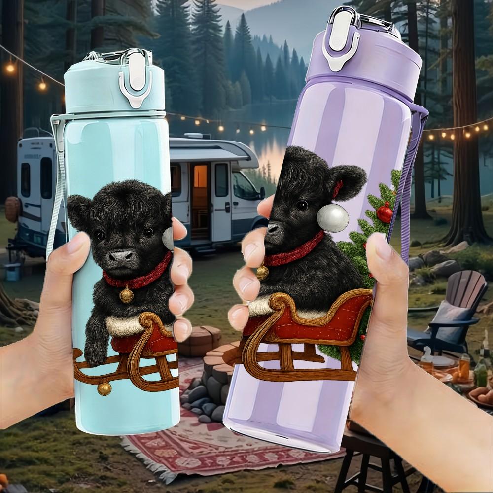 1PC Bear Christmas Sleigh 750ml Color Plastic Sports Water Bottle Leakproof Flip Straw Lid Suitable for Sports Office Home Use