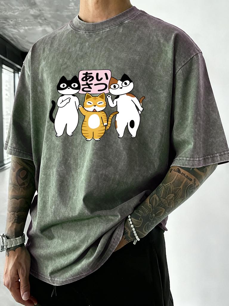 Three Cartoon Cats Prints Washed TShirt Men Summer Cotton T Shirts Breathable Soft Streetwear Trendy Loose Male Clothing
