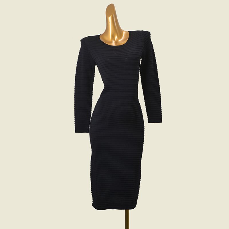 

British Brand Leak-Picking Three-Dimensional Stripes Long Sleeves Black Knitting Dress Fashion Style Temperament Crew Neck Sheath Dress Black 8