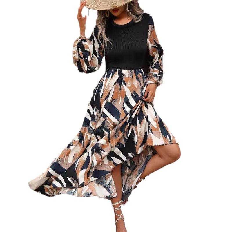 Autumn and Winter Women's Fashion Printed Tribute Crew-neck Dress
