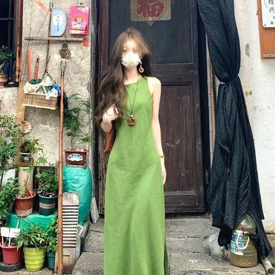 Mori Retro Green Suspender Dress Women's Summer Temperament Waist Thin Vest Long Dress Summer Explosion