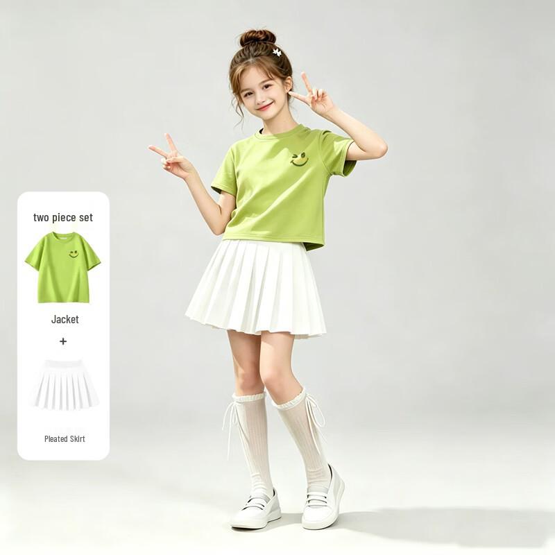 FivePlus Girls' Summer Short Sleeve Pleated Skirt Set