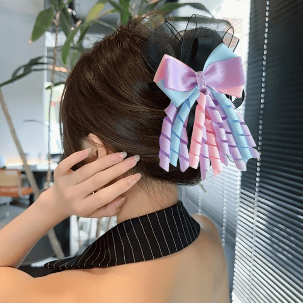 Rainbow Curly Tassel Bow Hair Clips Colorful Curly Tassels Ribbon Bow Hair Barrettes Non-Polyester Fashion Accessories for Girls
