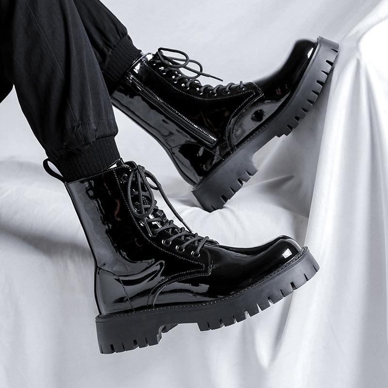 Men Luxury Fashion Patent Leather Boots Black Tide Platform Shoes Party Nightclub High Top Motorcycle Boot Cool Knight Botas Man