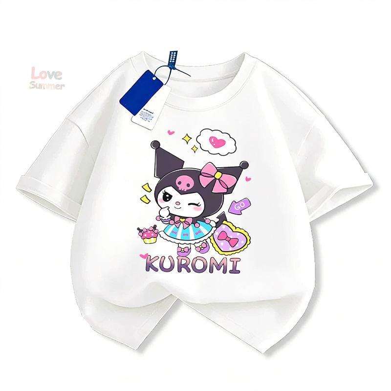 2026 Frühling Sommer Alter 4-14 Kuromi Grafik-T-Shirt für Mädchen Weich Kurzarm Süßer Aufdruck Atmungsaktiv Lässig Normale Passform Ideal