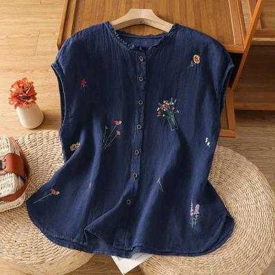 Chemise Sans Manches en Coton et Lin Brodé Littéraire pour Femmes Été Col Champignon Style Fogn Gilet Décontracté Polyvalent pour Femmes