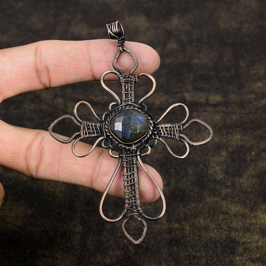 Labradorit Handgefertigter Kupferdraht Wickel Schmuck Anhänger 3.98" V6O61