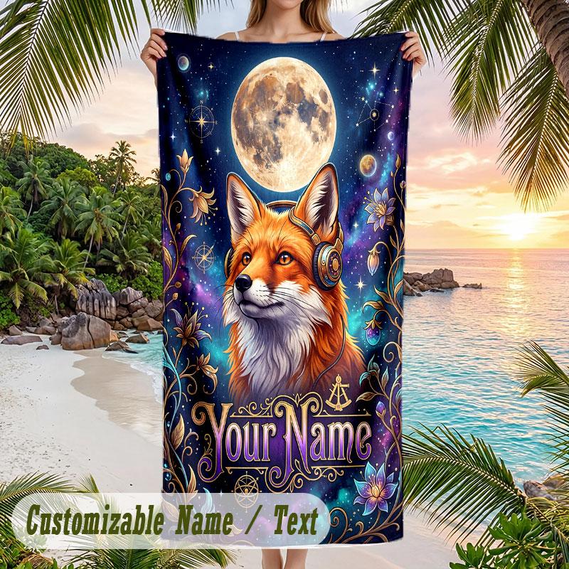 Moonlit Forest Whispers Theme Quick Dry Beach Towel Custom Name Text Print Large Sand Resistant Towel Beach Vacation