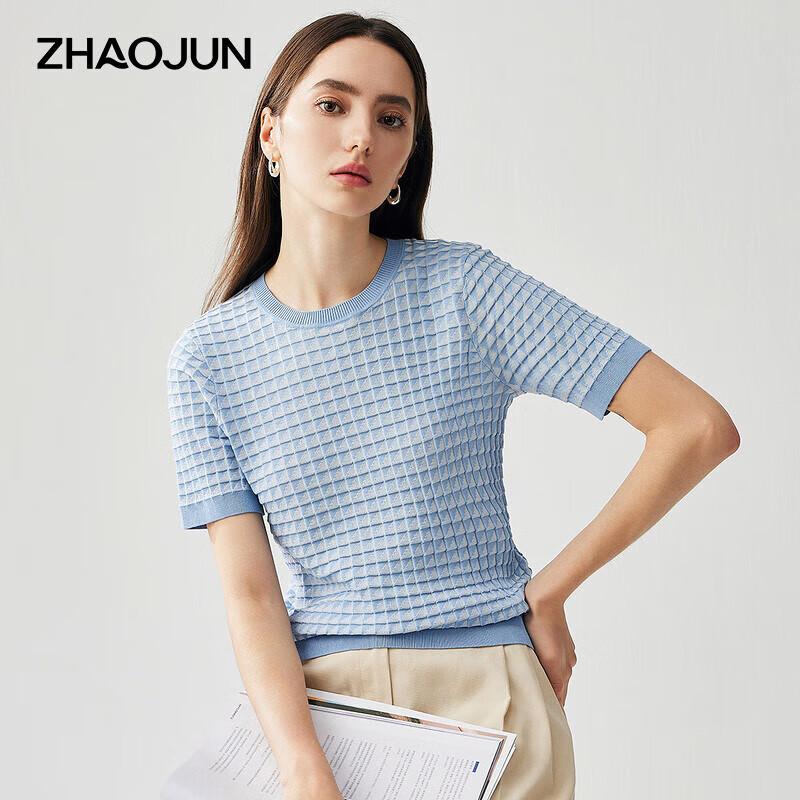 Zhaojun Women s Silk Blend Plaid Knit Short Sleeve T-Shirt XL