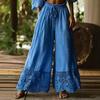 Women's Fashion Color Loose Linen Feel Wide Leg Pants with Lace Trim, Casual Trousers