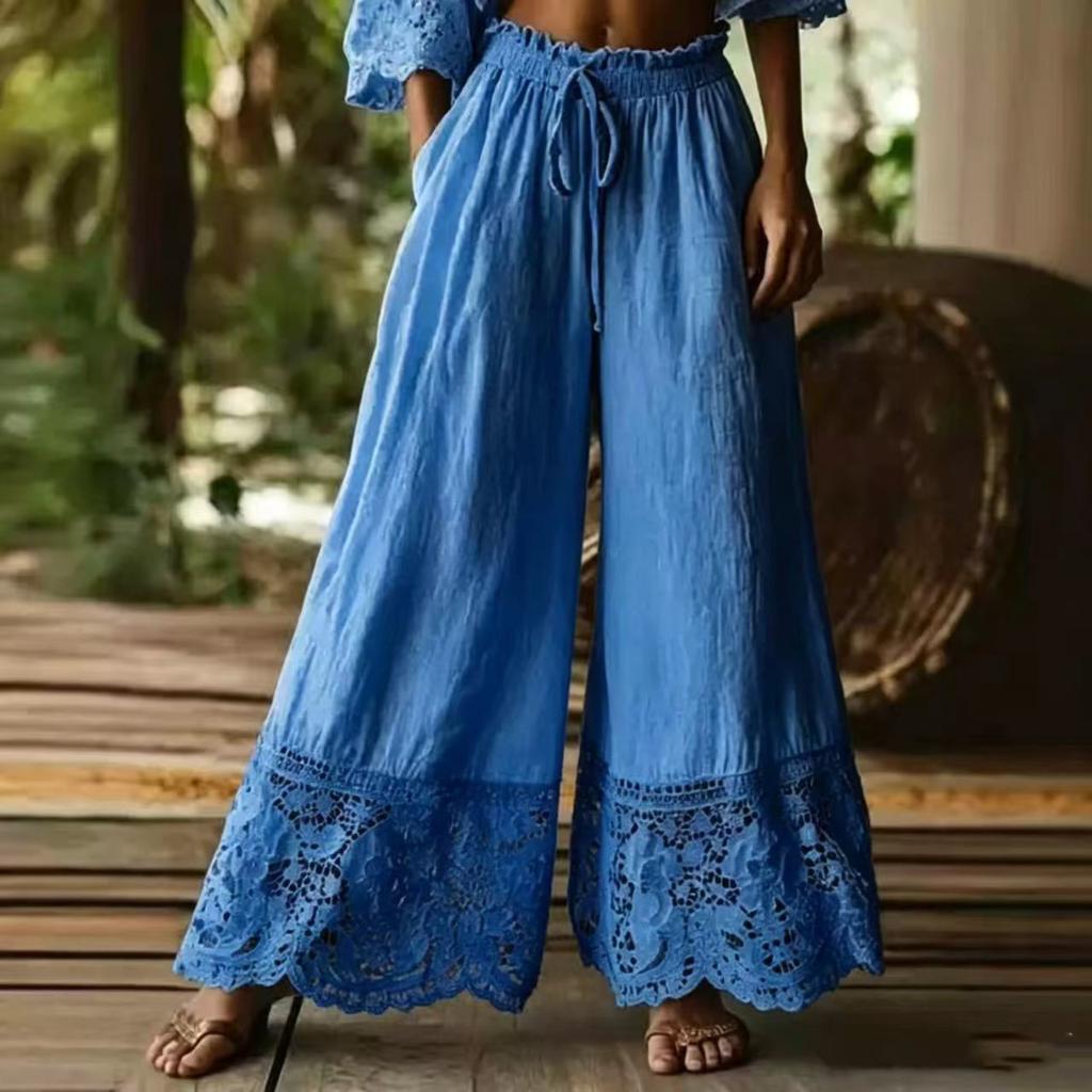Women's Fashion Color Loose Linen Feel Wide Leg Pants with Lace Trim, Casual Trousers