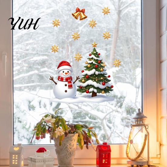 Creative Christmas Glass Clings Window Static Sticker, Snowman Tree Pattern PVC Decal, Waterproof Easy Peel Stickers Reusable Festive Wall for Living