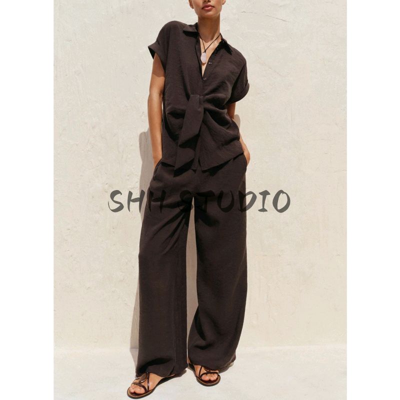 Front Bow Tie Short Sleeve V-neck Casual Shirt 2298161 High Waist Wide Elastic Waist Pants 1165608