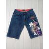Used Karakuri Tamashii Battou Musume Denim Half Pants 32 Inch Japanese Pattern Embroidery Full Body