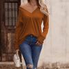 Women Fashion Spring Autumn Button Long Sleeve V Neck Solid Color Pullover T Shirt Top