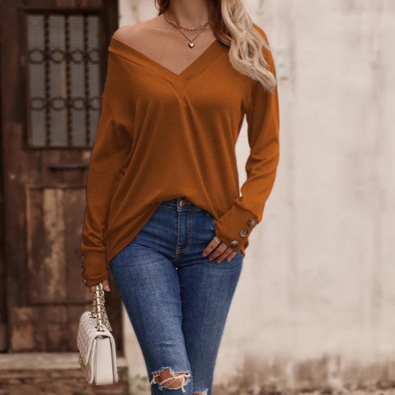 Women Fashion Spring Autumn Button Long Sleeve V Neck Solid Color Pullover T Shirt Top